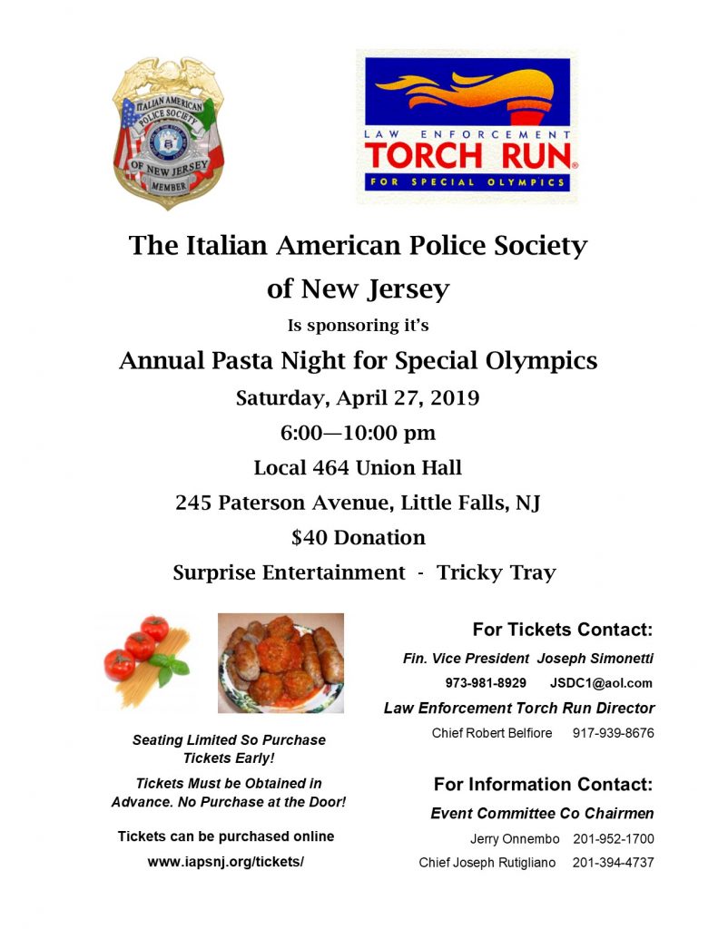 2019 Pasta Night for Special Olympics 1 2019 IAPSNJ Special Olympics Pasta Night Flier